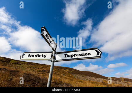 Depressione Stress ansia problema di salute mentale problemi concetto cartello stradale scelta scegli la vita direzione concetti futuri segni Foto Stock