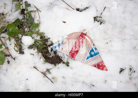 Rotture di slitte, i vassoi e gli altri pezzi di rifiuti cucciolata l'Anfiteatro Romano a Cirencester, Gloucestsershire Uk. Gli elementi sono stati lasciati dopo giorni di slittare e giocare nella neve, lasciando la zona sembra un campo di battaglia. Foto Stock