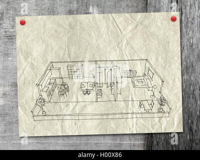 Digitale 2d illustrazione freehand disegno della casa arredato appartamento sulla vecchia carta con pin Foto Stock