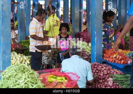 HIKKADUWA, SRI LANKA - Febbraio 23, 2014: Locale street venditore a vendere verdure. Il mercato della domenica è un ottimo modo per vedere Hikkaduw Foto Stock