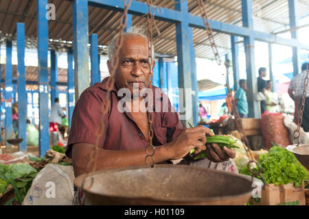 HIKKADUWA, SRI LANKA - Febbraio 23, 2014: Locale street venditore a vendere verdure. Il mercato della domenica è un ottimo modo per vedere Hikkaduw Foto Stock