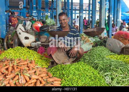 HIKKADUWA, SRI LANKA - Febbraio 23, 2014: Locale street venditore a vendere verdure. Il mercato della domenica è un ottimo modo per vedere Hikkaduw Foto Stock