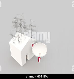 3D rendering illustrazione della casa bianca con antenna parabolica e antenne Foto Stock