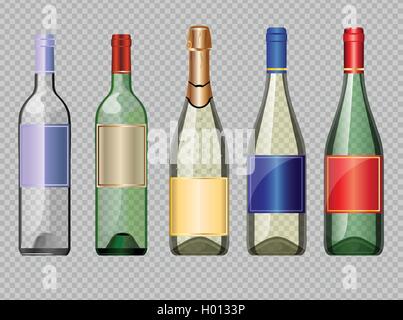 Set di vettore di colorate in vetro trasparente bottiglia di alcool con tappi per vino mockup pronto per il tuo design Illustrazione Vettoriale