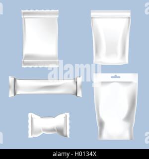 Set di vettore di polietilene bianco confezione per lo zucchero, gomma da masticare, caramelle e caramelle mockup pronto per il tuo design Illustrazione Vettoriale