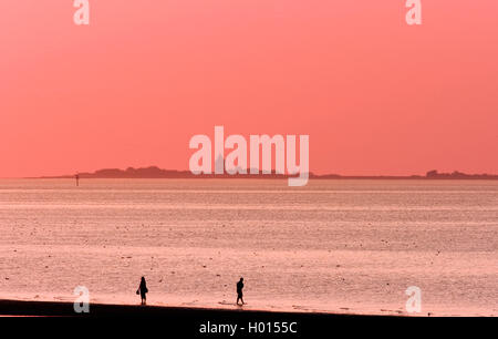 Due persone in mare di Wadden davanti al mare di Wadden in serata, Germania, Hamburgisches Wattenmeer National Park Foto Stock