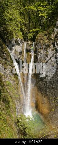 Scalatore sulla sospensione ponte in corrispondenza di una cascata, Via Ferrata Saint Vincent de Mercuze, Francia, Montalieu Foto Stock