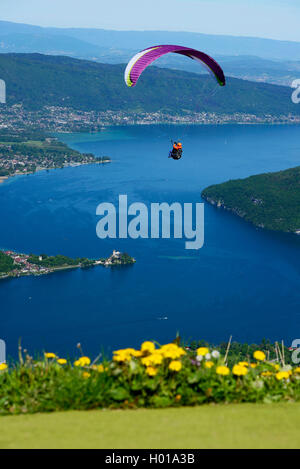 Parapendio al di sopra del lago di Annecy, Francia, Alta Savoia Foto Stock