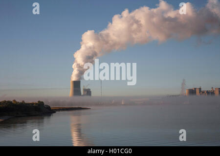 Torre di raffreddamento della stazione di potenza Rostock nella nebbia, Germania, M-V, Schnatermann, Rostock Foto Stock