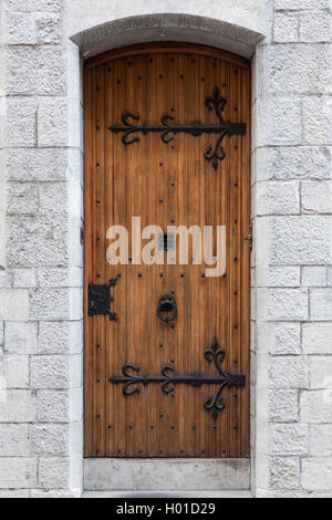 Spessore vecchio ornati porta con elementi in ferro battuto nella parete di arenaria del vecchio edificio nella città belga di Gand Foto Stock