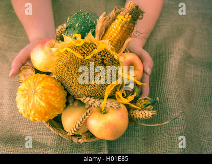 Prodotti autunno in un round cesto in vimini Foto Stock