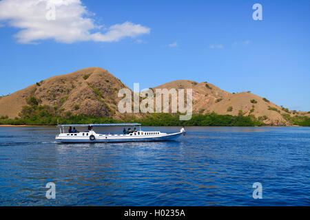 Tipica imbarcazione turistica di fronte all'isola Rinca, Indonesia, Rinca, Parco Nazionale di Komodo Foto Stock