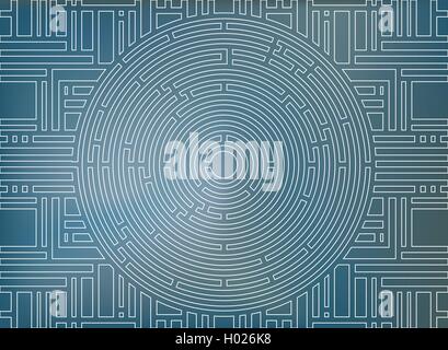 Labirinto circolare, sfondo bianco e blu Illustrazione Vettoriale