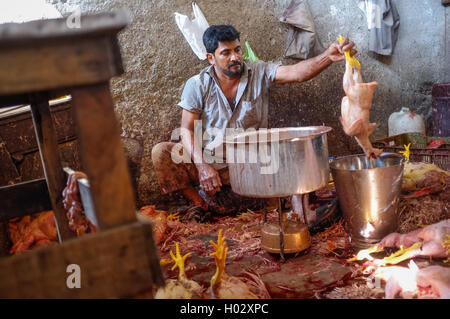 MUMBAI, India - 11 gennaio 2015: Addetto pulizia pollo morto sul mercato Andheri. Foto Stock