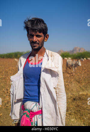 Regione GODWAR, India - 14 febbraio 2015: il giovane pastore Rabari con turbante non sta in campo con il bestiame. Rabari sono un indiano Foto Stock