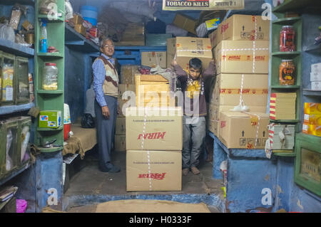 JODHPUR, India - 07 febbraio 2015: Proprietario del negozio e il giovane lavoratore nel magazzino del negozio di tabacchi con Miraj il tabacco da masticare in scatole. Foto Stock