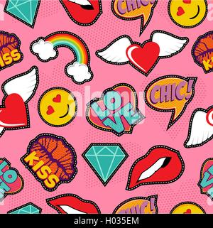 Modello senza soluzione di continuità con la ragazza rosa icone nella pop art stile, gli Emoji, amore e rainbow stitch patch. EPS10 sfondo vettoriale. Illustrazione Vettoriale