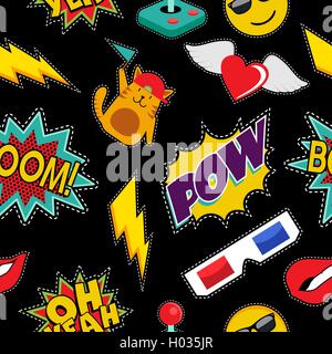 Retrò cartoon seamless pattern con pop art icone nella cucitura stile patch. Gatto, video game e ragazza baciare gli elementi. EPS10 Illustrazione Vettoriale