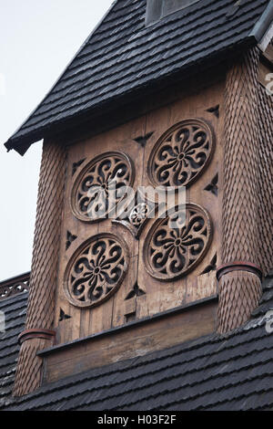 Wang Chiesa scolpita in legno closeup dettagli architettonici, Karpacz, Polonia, Vang Tempio ex posizione era in Vang, Valdres, né Foto Stock