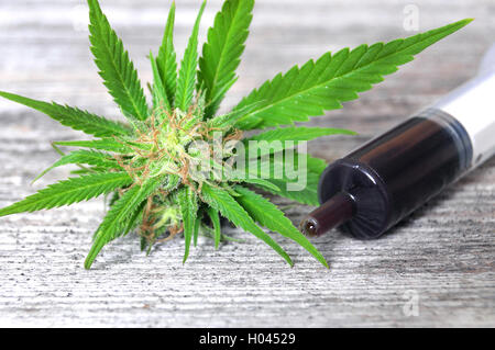 Medico di marijuana e olio di hash in siringa su una tavola di legno Foto Stock