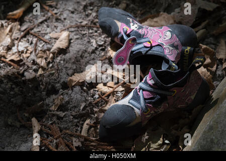 A scalatori (bouldering) rock scarpe nella foresta di Fontainebleau, Francia. Luce naturale, Rosa scarpe, sandy ground. Foto Stock