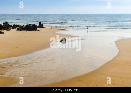 Uomo che cammina lungo la riva del mare in spiaggia Trengandin, Noja Cantabria, Spagna. Foto Stock