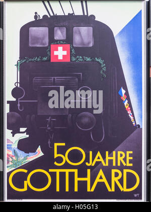 1932 Art Deco pubblicità delle FFS e delle Ferrovie Federali Svizzere, promuovendo il 50 anni di anniversario della linea ferroviaria del San Gottardo. Foto Stock