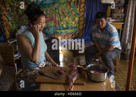 Altanbulag, Mongolia. 29 Luglio, 2016. Una donna mongola parla al telefono nella sua casa di Altanbulag, Mongolia il 29 luglio 2016. Questo imbrancandosi famiglia ha recentemente iniziato ad accettare gli ospiti via Airbnb.Fotografo: Taylor Weidman © Taylor Weidman/ZUMA filo/Alamy Live News Foto Stock