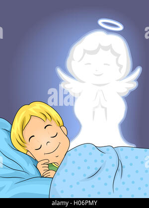 Illustrazione di un sonno Boy custodito da il suo Angelo Custode Foto Stock