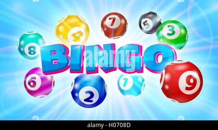 Lotto sfere attorno alla parola Bingo incandescente sfondo blu Illustrazione Vettoriale