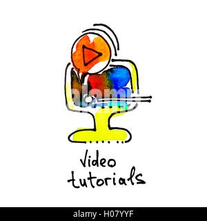 Schizzo icona acquerelli di tutorial video, istruzione a distanza un Illustrazione Vettoriale