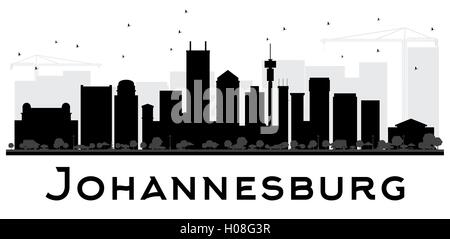 Johannesburg dello skyline della città in bianco e nero silhouette. semplice piatto concetto per il turismo presentazione, banner, cartellone o sito web. Illustrazione Vettoriale