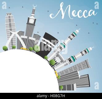 La mecca skyline con punti di riferimento, cielo blu e riflessione. illustrazione vettoriale. viaggi e turismo concetto con edifici storici. Illustrazione Vettoriale