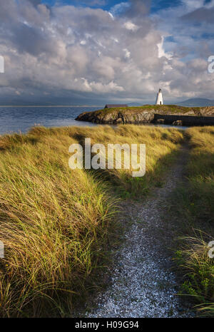 Un sentiero costiero che conduce a Twr Mawr faro sull isola di Llanddwyn, Anglesey, Galles, Regno Unito, Europa Foto Stock