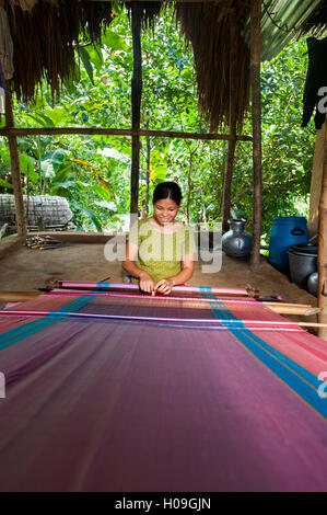 Una donna si intreccia tessuto tradizionale utilizzando un telaio a mano, Chittagong Hill Tracts, Bangladesh Asia Foto Stock