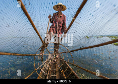 Un cestello pescatore sul Lago Inle esegue la scansione continua e acque poco profonde per i segni di vita, stato Shan, Myanmar (Birmania), Asia Foto Stock