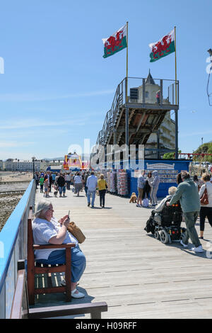 La sezione iniziale o punto di ingresso a Llandudno Pier nel Galles del Nord Foto Stock