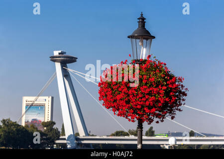 Ponte di Bratislava della rivolta Nazionale Slovacca, lampada sul fiume con fiori, Bratislava, Slovacchia, Europa Ponte di Ufo Bratislava Foto Stock