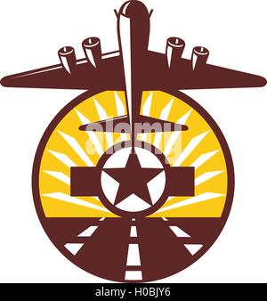 Illustrazione di un B-17 Flying Fortress, una guerra mondiale due americani a quattro motori di bombardieri pesanti tenuto spento e in pieno volo con stella in pista e sunburst in background imposta cerchio interno fatto in stile retrò. Illustrazione Vettoriale