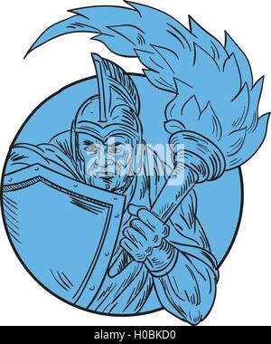 Schizzo di disegno illustrazione dello stile del centurione soldato romano gladiatore holding torce fiammeggianti e scudo visto dal lato anteriore impostato all'interno del cerchio su sfondo isolato. Illustrazione Vettoriale