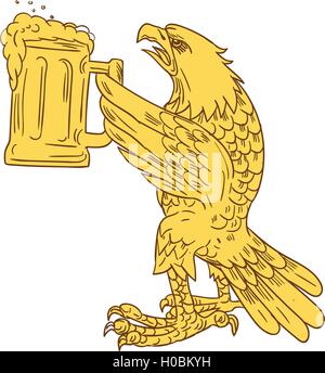 Disegno stile sketch illustrazione di un american aquila calva hissage boccale di birra stein visto dal lato impostato su isolato sullo sfondo bianco. Illustrazione Vettoriale