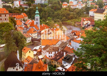 Città medievale di Cesky Krumlov , Repubblica Ceca. Vista aerea. Foto Stock
