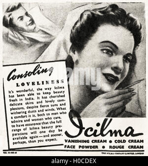 Pubblicità Pubblicità Cosmetici Icilma originale vecchia vintage annuncio dalla lingua inglese magazine pubblicato in India datata 1945 Foto Stock