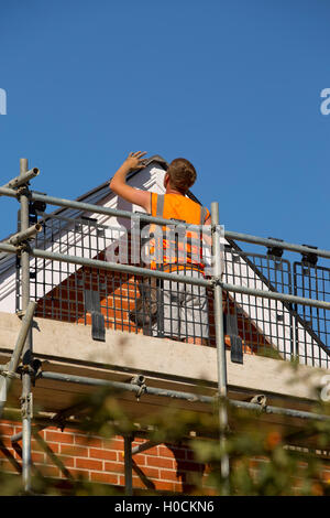 Un copritetti terminando la tenuta su di una impalcatura Foto Stock