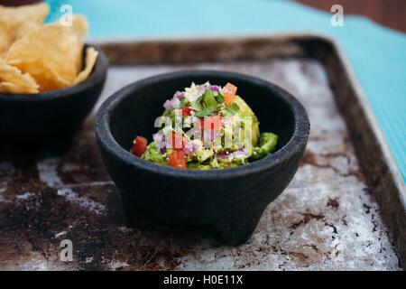 Insalata mista di purea advocado, i pomodori, la cipolla e le erbe sul vaso nero Foto Stock