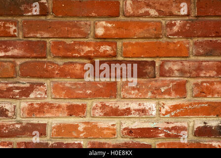 Il vecchio muro di pietra costruito in mattoni rossi con giunzioni visibili di cemento, graffi e schizzi. Piano uniforme, sfondo interessante Foto Stock