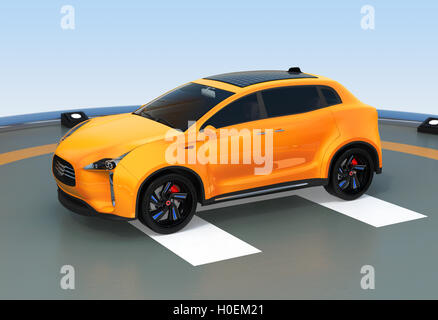 Giallo SUV elettrico parcheggio sulla helipad. Il rendering 3D'immagine. Foto Stock