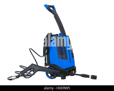 Pressione blu rondella portatile con tubo flessibile sul puro sfondo bianco Foto Stock