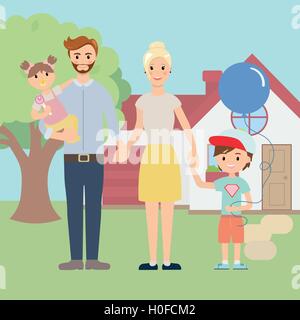 Giovane famiglia felice al di fuori di fronte bella casa di nuova costruzione Illustrazione Vettoriale
