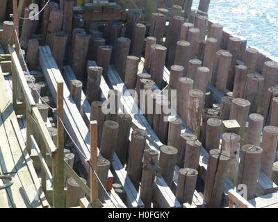 Pressione di legno trattati pilastri di Staten Island Ferry docks Foto Stock